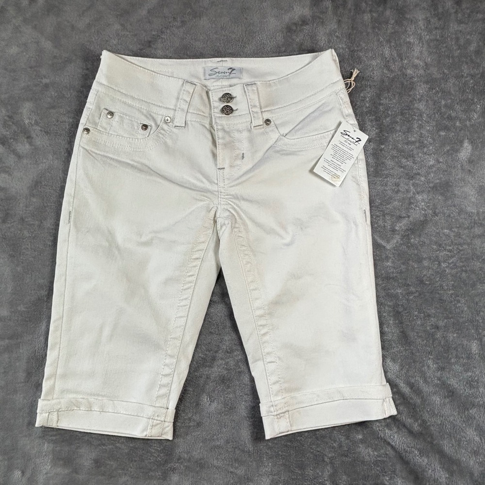 Seven7 Womens White Denim Bermuda Shorts Cuffed Size 2 Stretch Knee Length